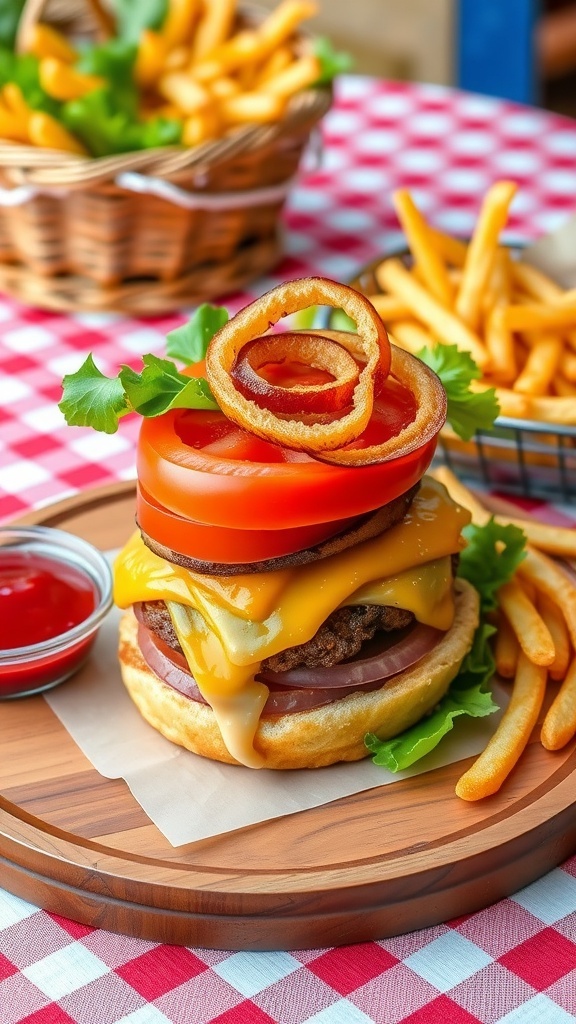 A juicy hamburger with lettuce, tomato, onion, and cheese on a toasted bun, served with fries and ketchup.